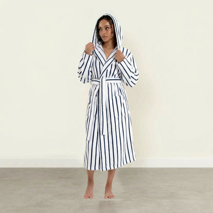 Striped cotton unisex bathrobe with hood and waist tie, long sleeves; white with blue stripes