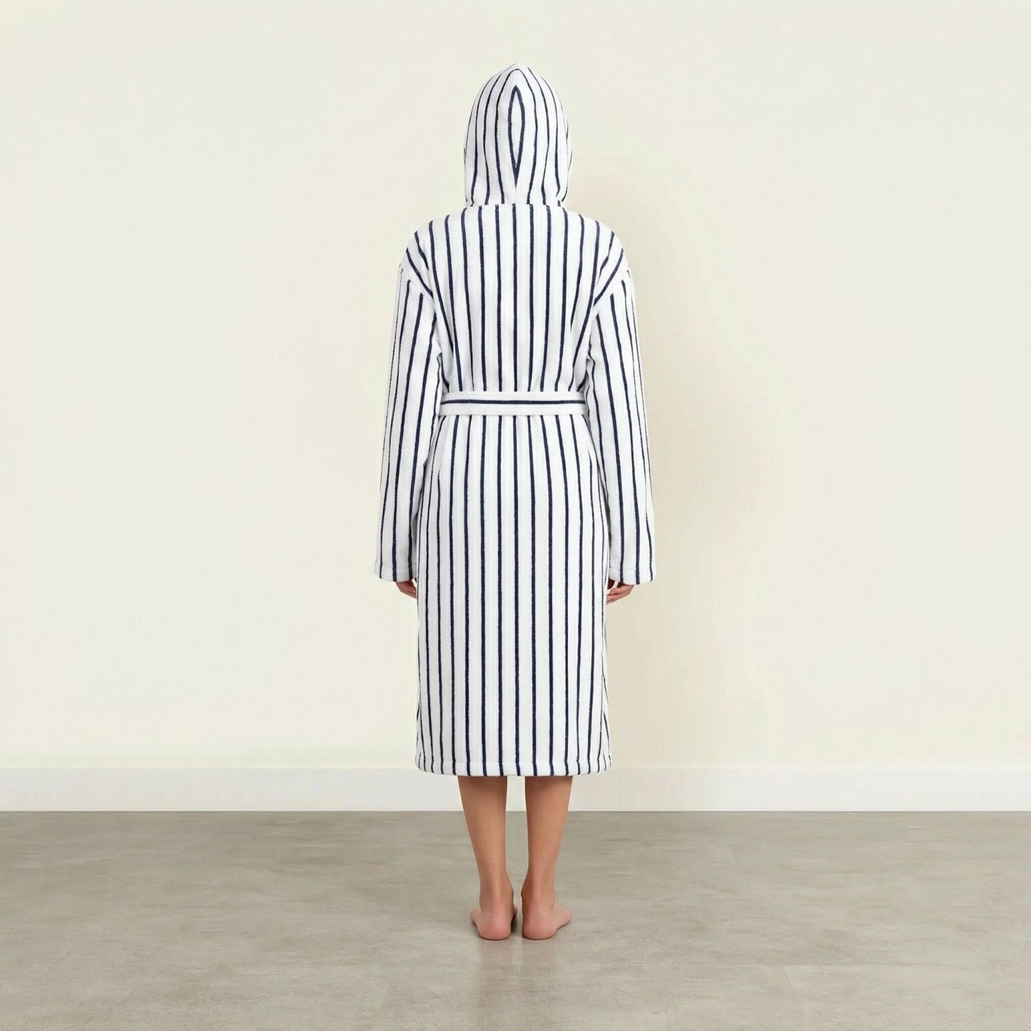Striped cotton bathrobe with hood and back yoke seam, waist tie, long sleeves; white with blue