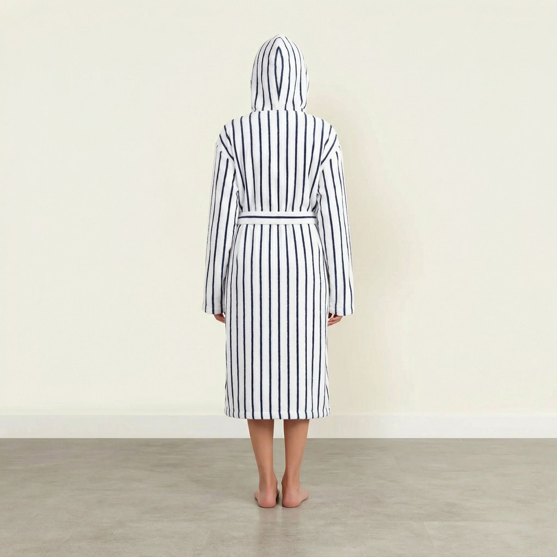 Striped cotton bathrobe with hood and back yoke seam, waist tie, long sleeves; white with blue