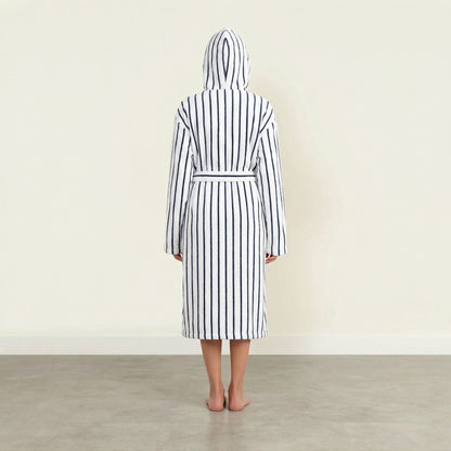 Striped cotton bathrobe with hood and back yoke seam, waist tie, long sleeves; white with blue