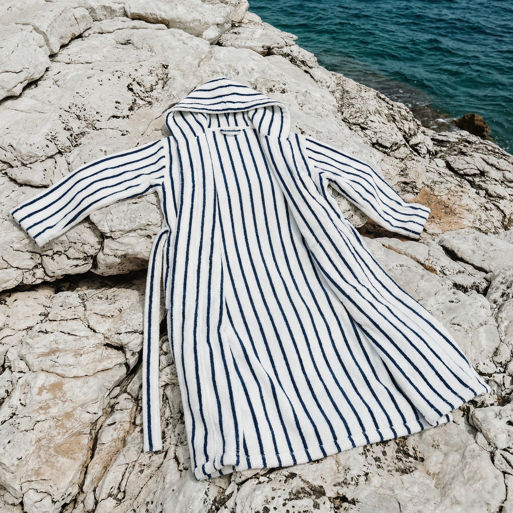 Striped cotton bathrobe with hood and long sleeves, belt tie; white with blue stripes