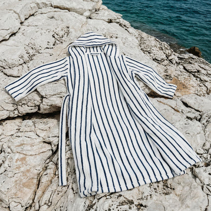 Striped cotton bathrobe with hood and long sleeves, belt tie; white with blue stripes