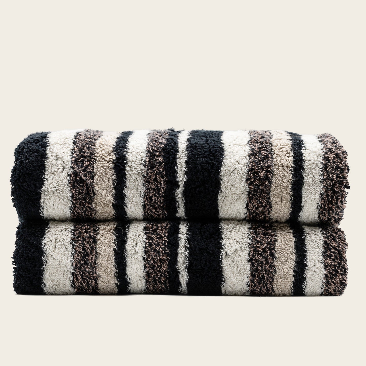 Black and cream striped cotton bath towels, folded set of two