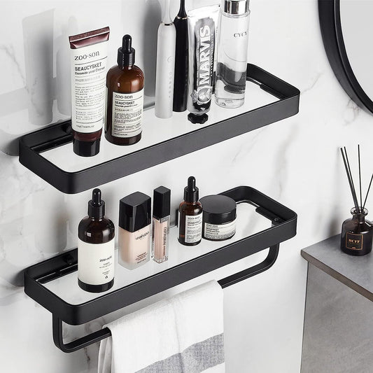 Bathroom Shelves Wall Mounted Glass Shelves for Bathroom Floating Shelf with Towel Holder Glass Shower Shelf 2 Tier Bathroom Wall Organizer - Renee Lane Company