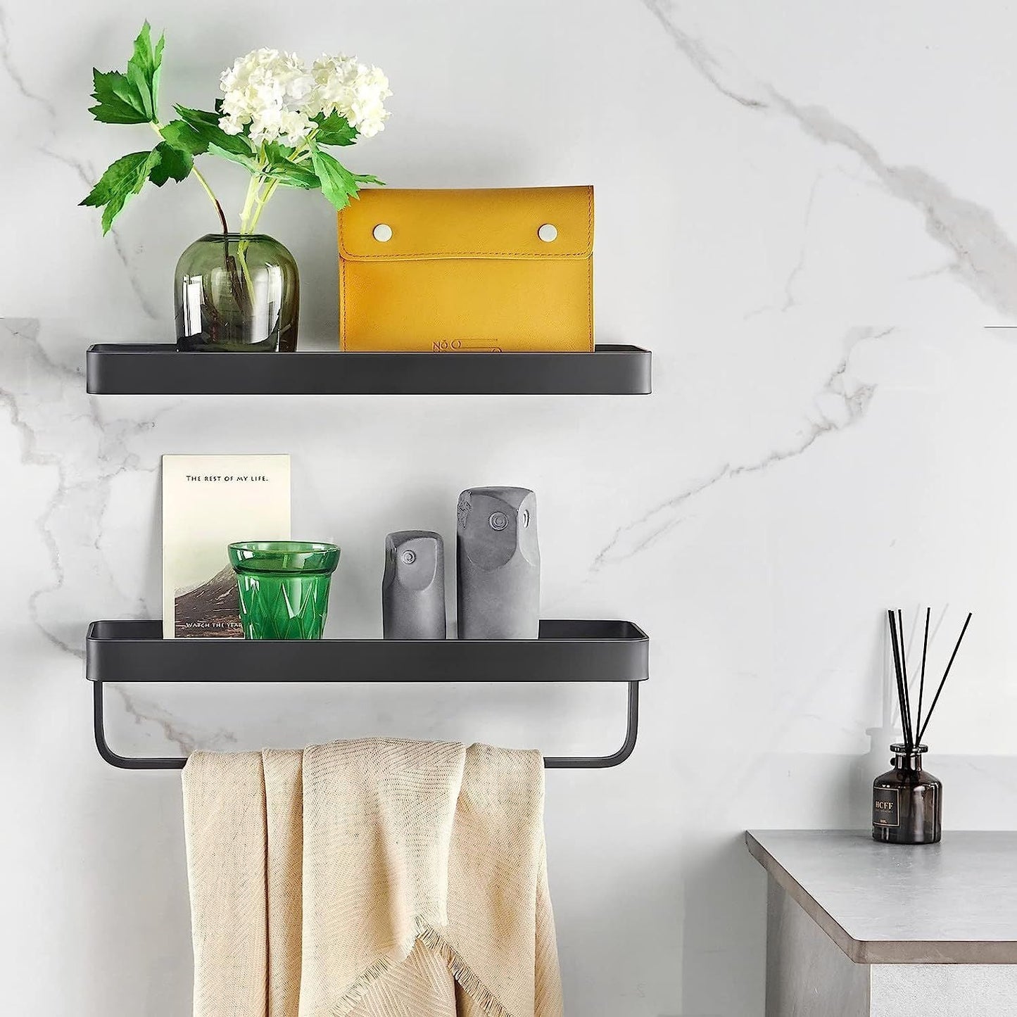 Bathroom Shelves Wall Mounted Glass Shelves for Bathroom Floating Shelf with Towel Holder Glass Shower Shelf 2 Tier Bathroom Wall Organizer - Renee Lane Company