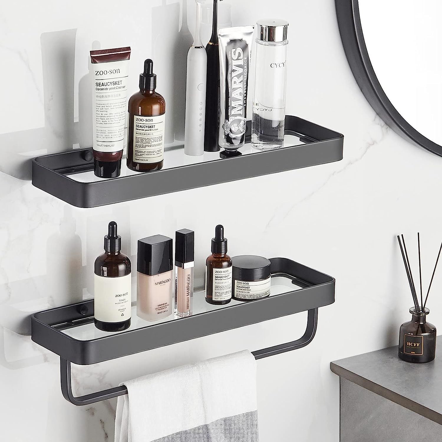 Bathroom Shelves Wall Mounted Glass Shelves for Bathroom Floating Shelf with Towel Holder Glass Shower Shelf 2 Tier Bathroom Wall Organizer - Renee Lane Company