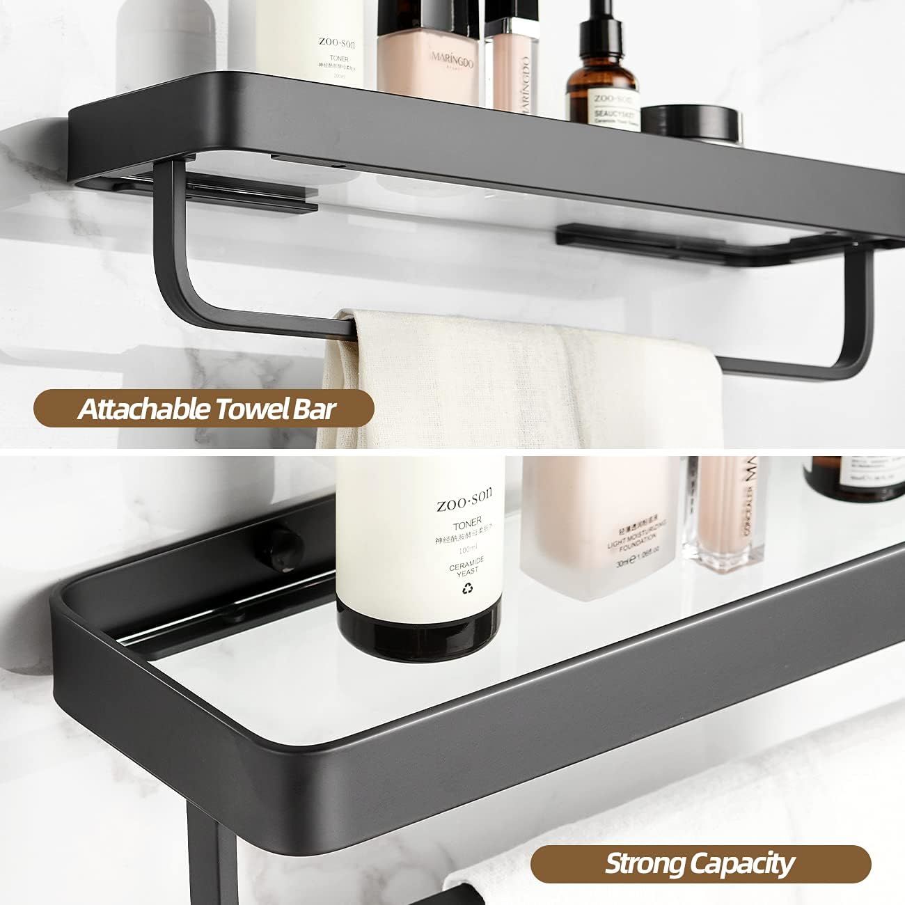 Bathroom Shelves Wall Mounted Glass Shelves for Bathroom Floating Shelf with Towel Holder Glass Shower Shelf 2 Tier Bathroom Wall Organizer - Renee Lane Company