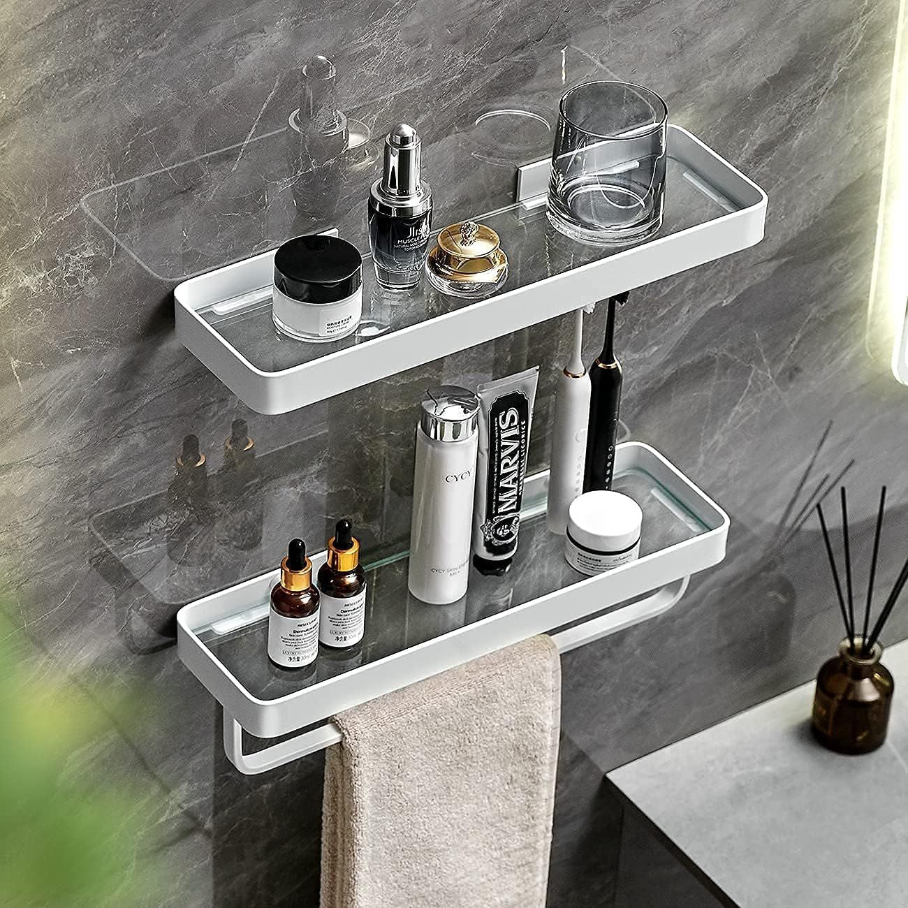 Bathroom Shelves Wall Mounted Glass Shelves for Bathroom Floating Shelf with Towel Holder Glass Shower Shelf 2 Tier Bathroom Wall Organizer - Renee Lane Company