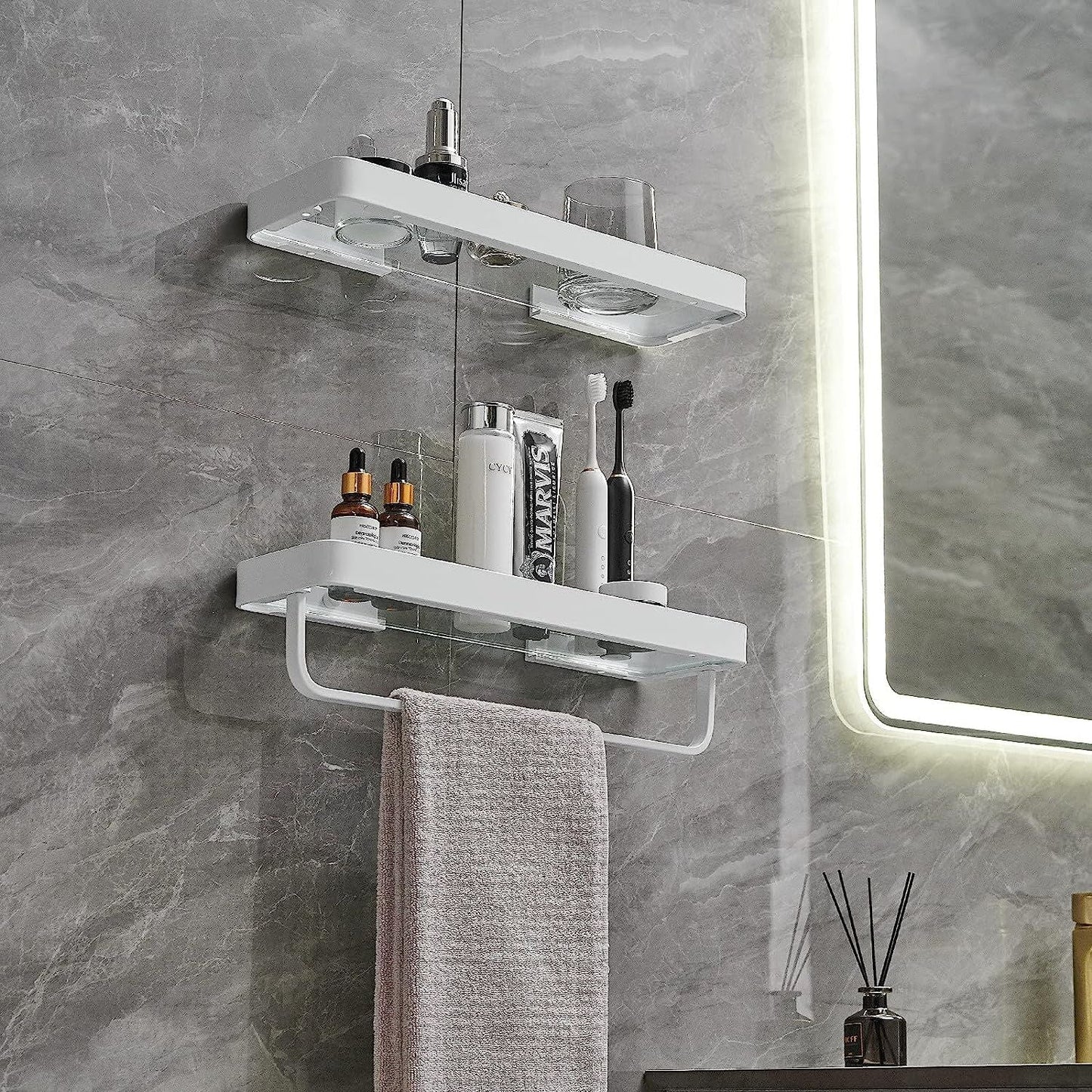Bathroom Shelves Wall Mounted Glass Shelves for Bathroom Floating Shelf with Towel Holder Glass Shower Shelf 2 Tier Bathroom Wall Organizer - Renee Lane Company