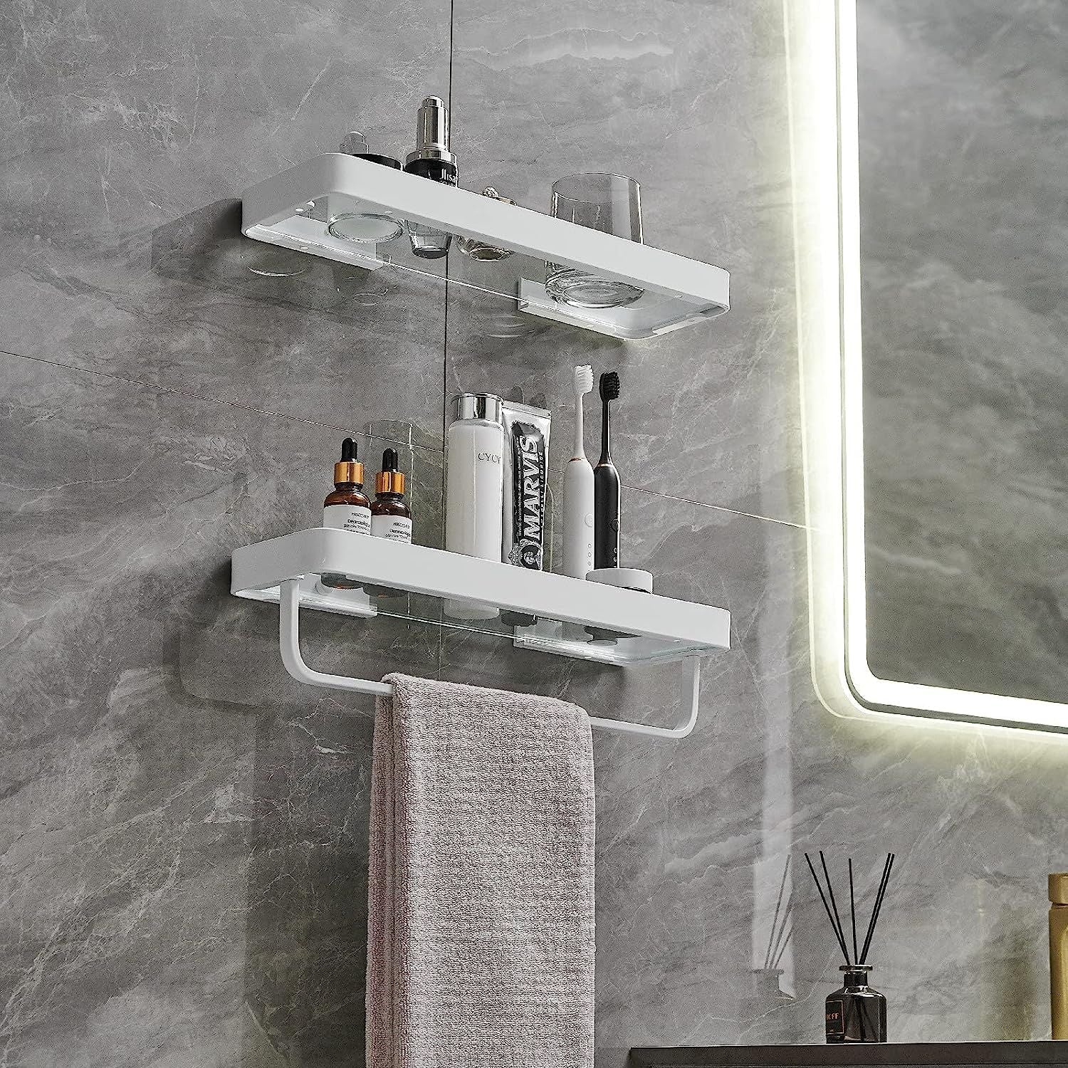 Bathroom Shelves Wall Mounted Glass Shelves for Bathroom Floating Shelf with Towel Holder Glass Shower Shelf 2 Tier Bathroom Wall Organizer - Renee Lane Company