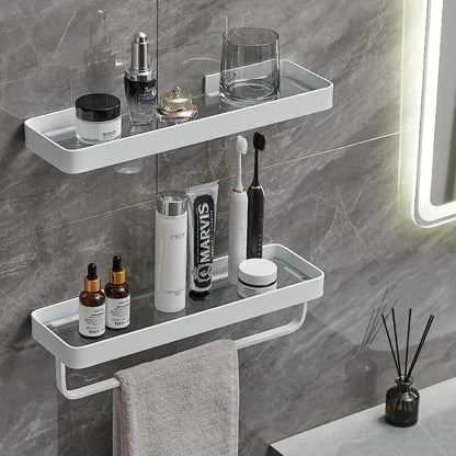 Bathroom Shelves Wall Mounted Glass Shelves for Bathroom Floating Shelf with Towel Holder Glass Shower Shelf 2 Tier Bathroom Wall Organizer - Renee Lane Company