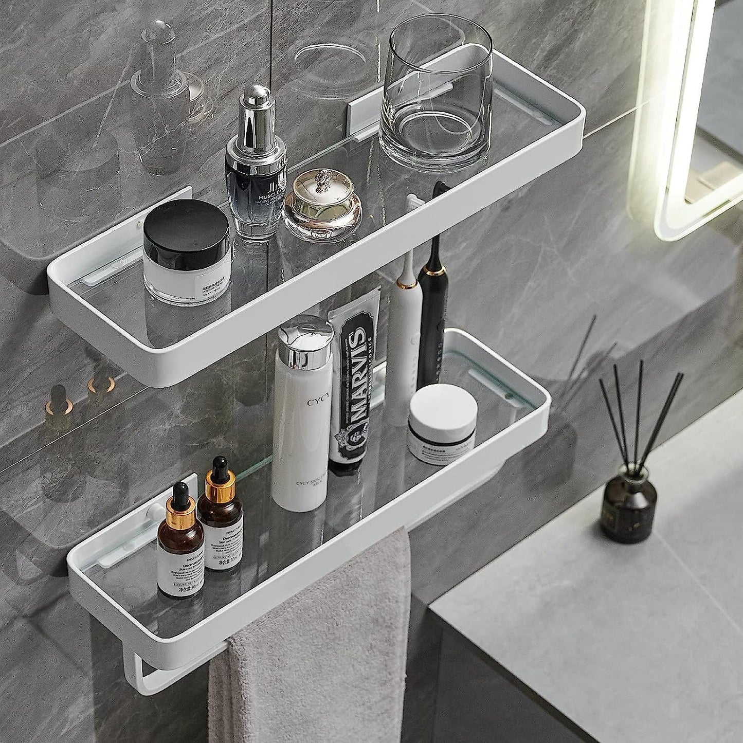 Bathroom Shelves Wall Mounted Glass Shelves for Bathroom Floating Shelf with Towel Holder Glass Shower Shelf 2 Tier Bathroom Wall Organizer - Renee Lane Company