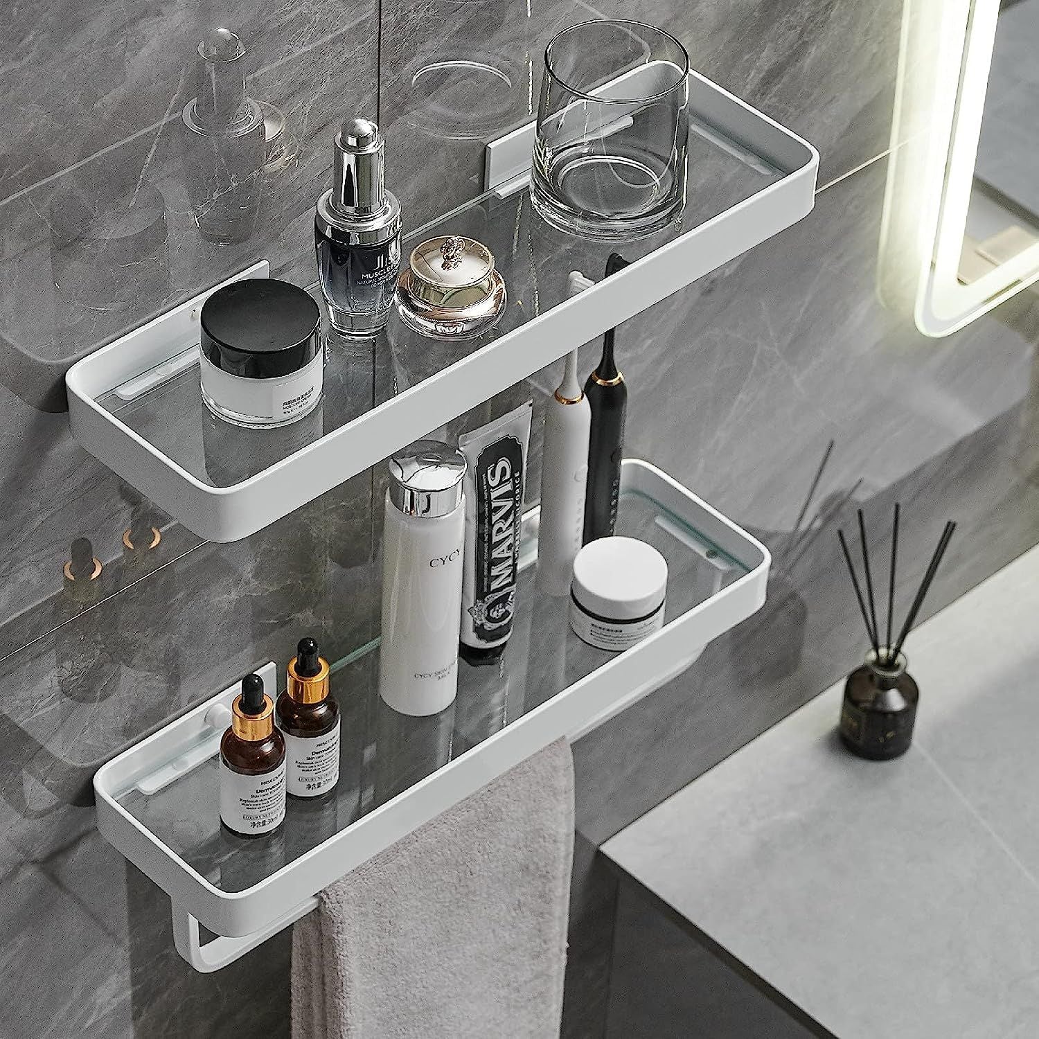 Bathroom Shelves Wall Mounted Glass Shelves for Bathroom Floating Shelf with Towel Holder Glass Shower Shelf 2 Tier Bathroom Wall Organizer - Renee Lane Company