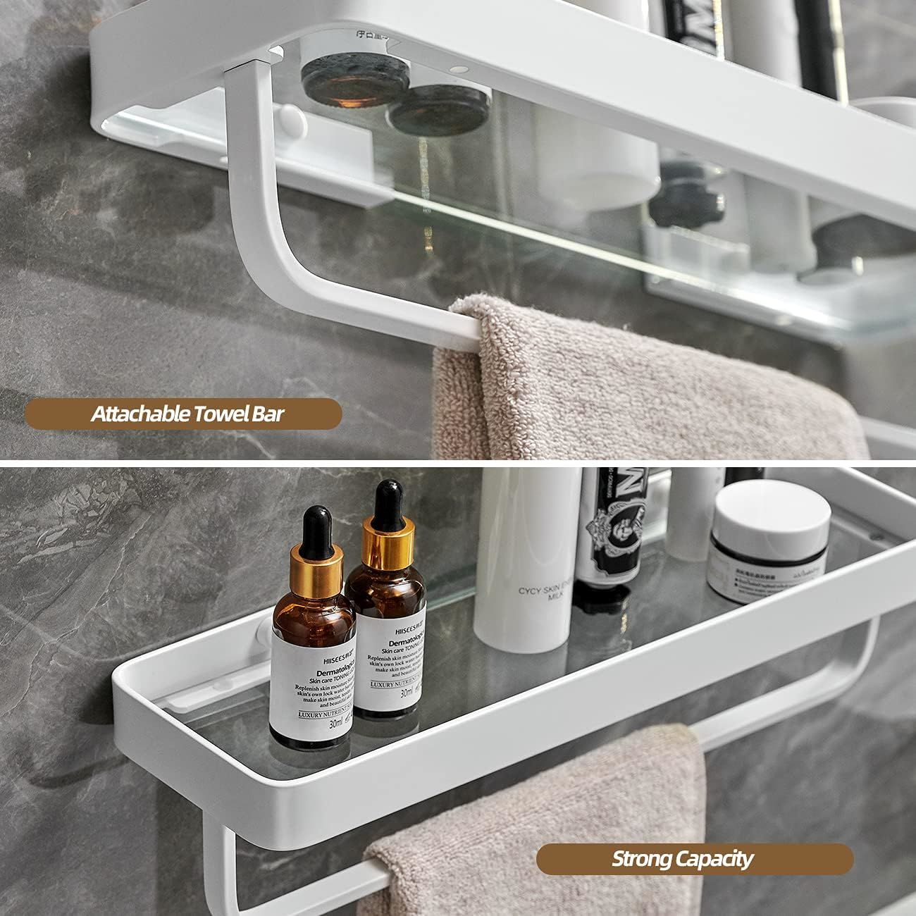 Bathroom Shelves Wall Mounted Glass Shelves for Bathroom Floating Shelf with Towel Holder Glass Shower Shelf 2 Tier Bathroom Wall Organizer - Renee Lane Company