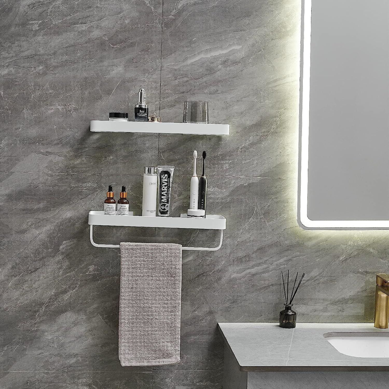 Bathroom Shelves Wall Mounted Glass Shelves for Bathroom Floating Shelf with Towel Holder Glass Shower Shelf 2 Tier Bathroom Wall Organizer - Renee Lane Company