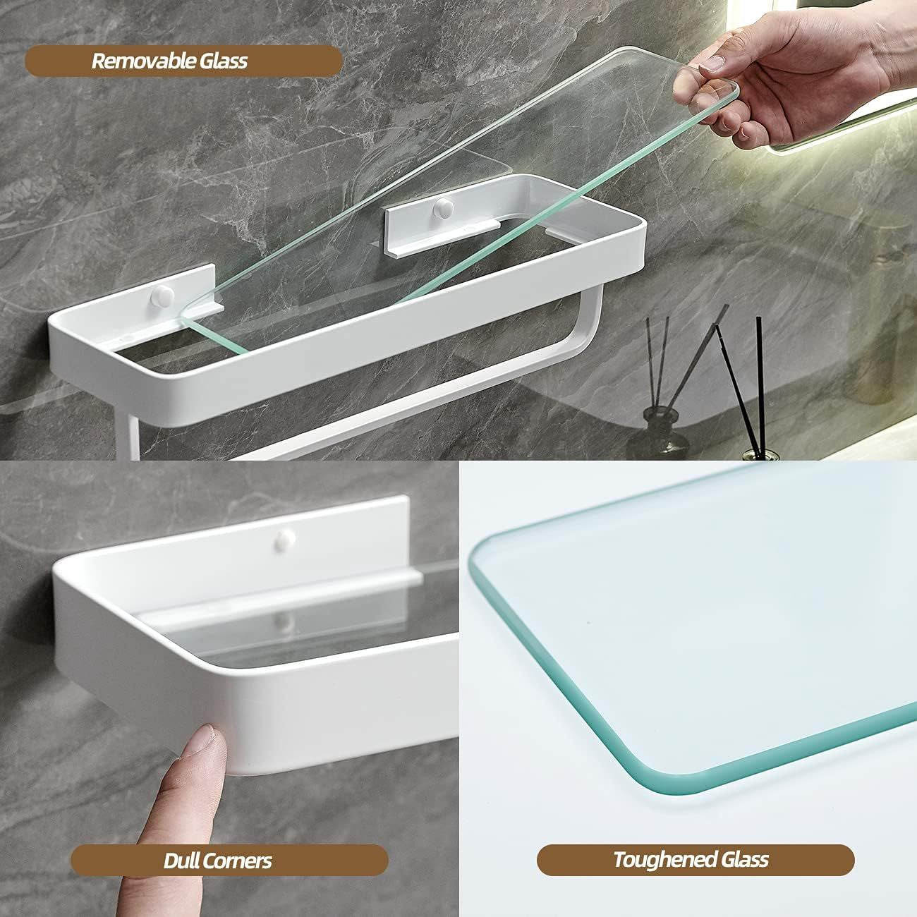 Bathroom Shelves Wall Mounted Glass Shelves for Bathroom Floating Shelf with Towel Holder Glass Shower Shelf 2 Tier Bathroom Wall Organizer - Renee Lane Company