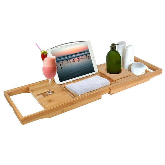 Bathtub Caddy Tray Crafted Bamboo Bath Tray Table Extendable Reading Rack Tablet Phone Holder - Renee Lane Company