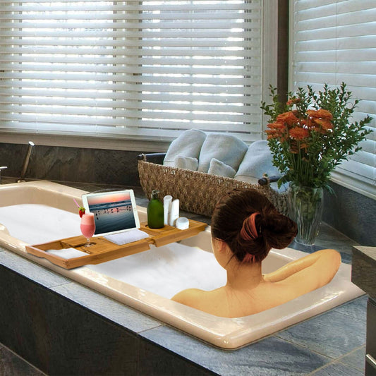 Bathtub Caddy Tray Crafted Bamboo Bath Tray Table Extendable Reading Rack Tablet Phone Holder - Renee Lane Company