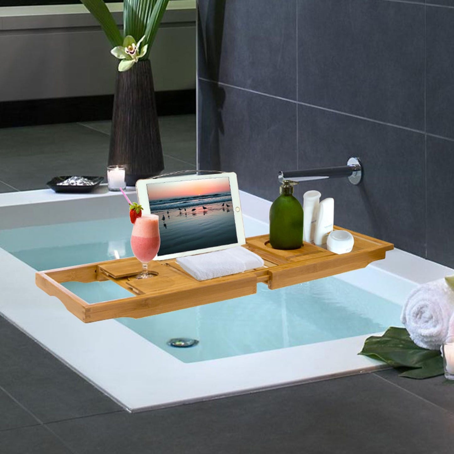 Bathtub Caddy Tray Crafted Bamboo Bath Tray Table Extendable Reading Rack Tablet Phone Holder - Renee Lane Company