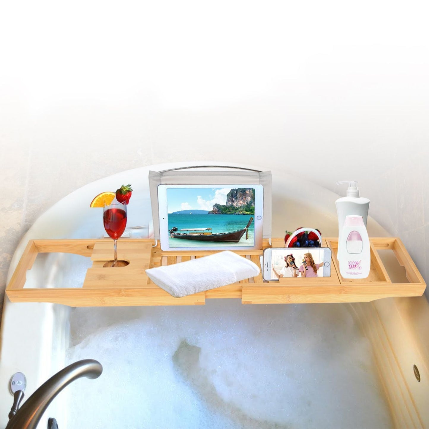 Bathtub Caddy Tray Crafted Bamboo Bath Tray Table Extendable Reading Rack Tablet Phone Holder - Renee Lane Company