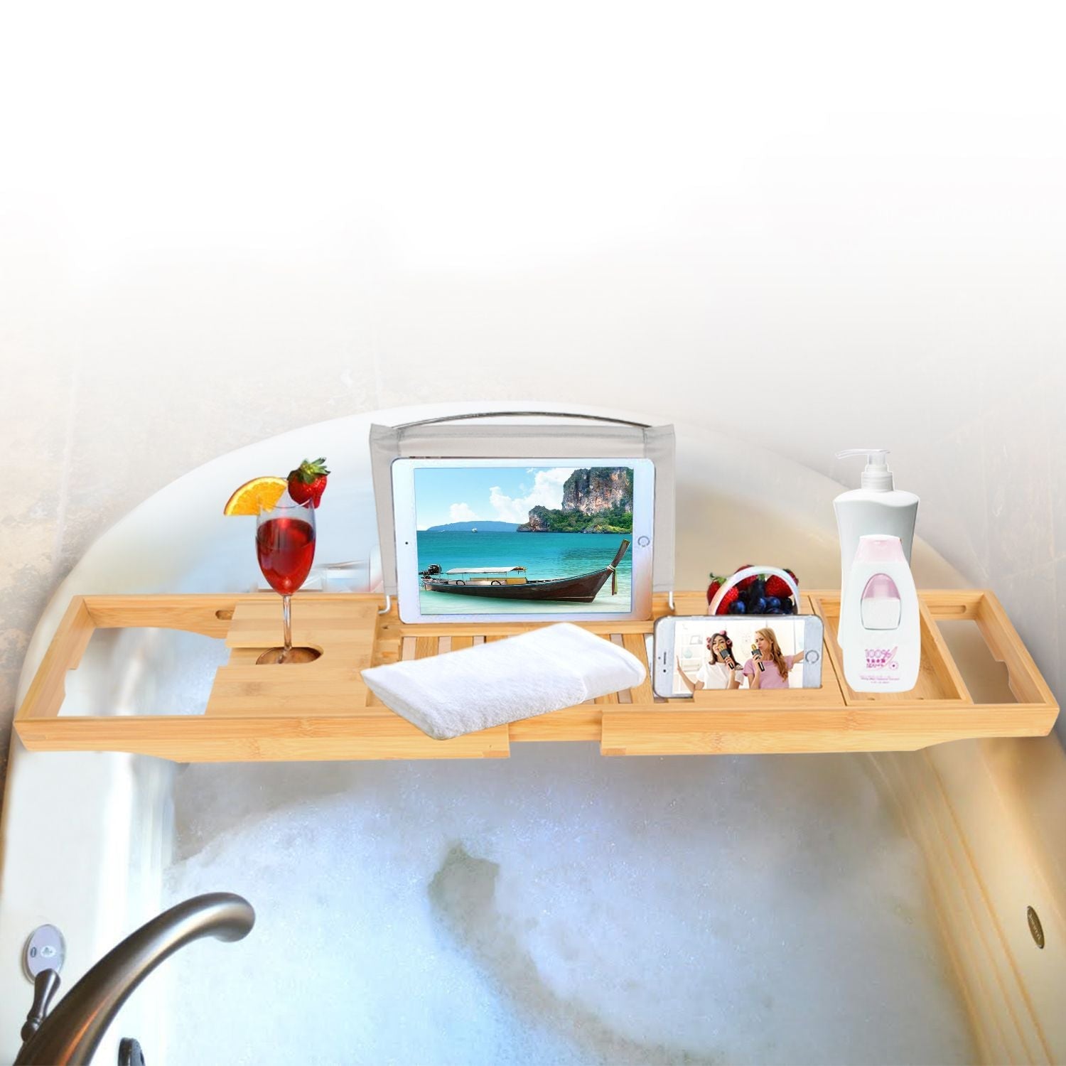 Bathtub Caddy Tray Crafted Bamboo Bath Tray Table Extendable Reading Rack Tablet Phone Holder - Renee Lane Company