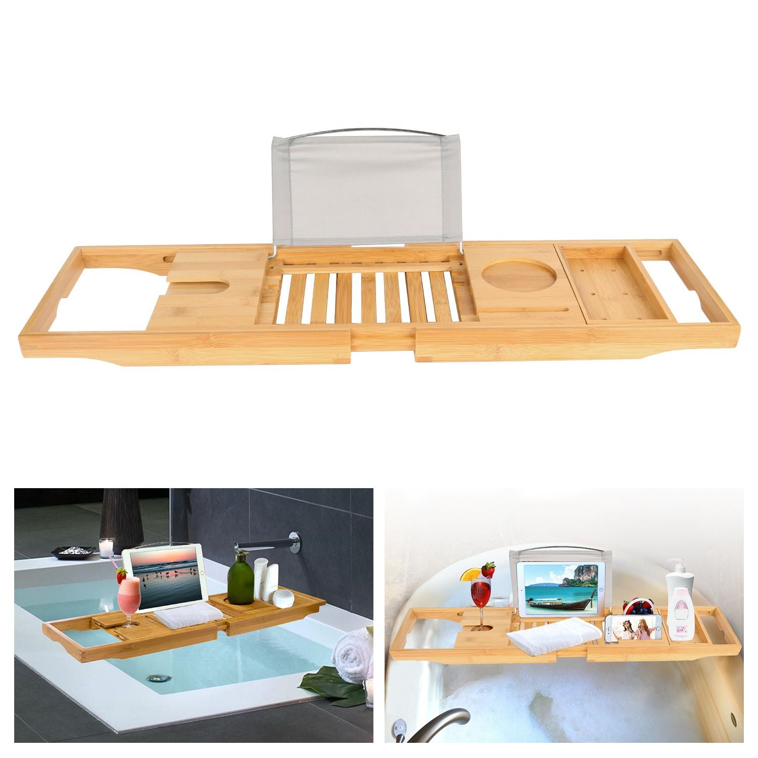Bathtub Caddy Tray Crafted Bamboo Bath Tray Table Extendable Reading Rack Tablet Phone Holder - Renee Lane Company