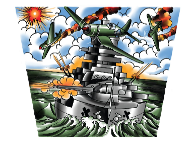 Temporary tattoo sleeve panel with battleship, jets, explosions, and orange clouds