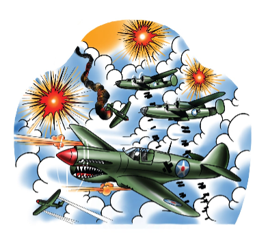 Kids temporary tattoo sleeve with green fighter jets and red rockets over clouds
