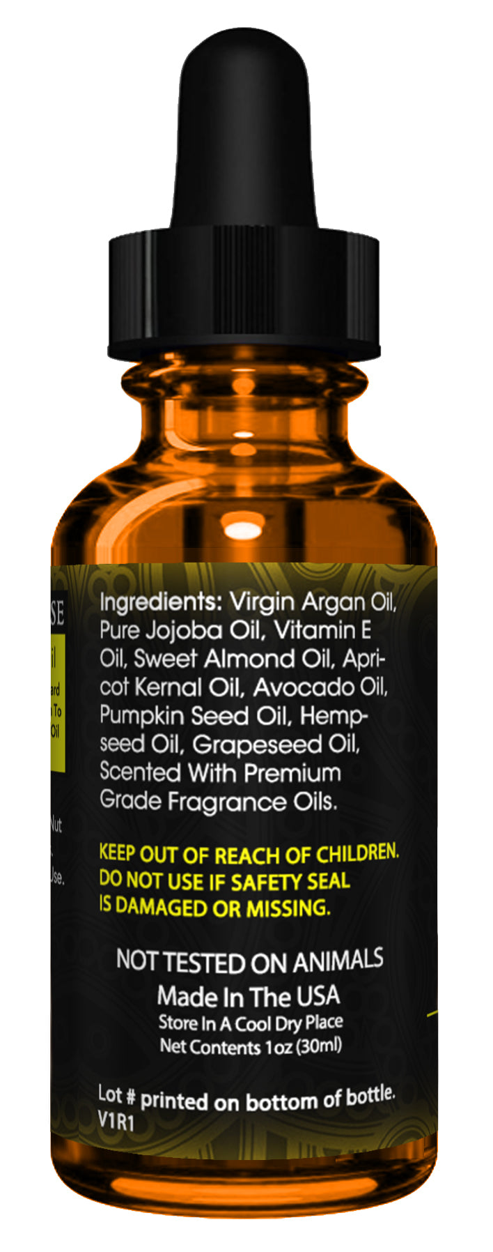 Beard oil bottle with black dropper and amber liquid, back label with ingredients