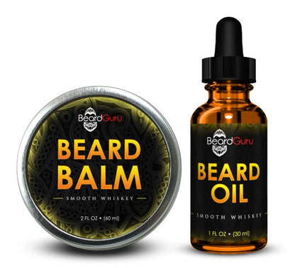 Beard oil bottle with black dropper next to Beard Balm tin with green lid