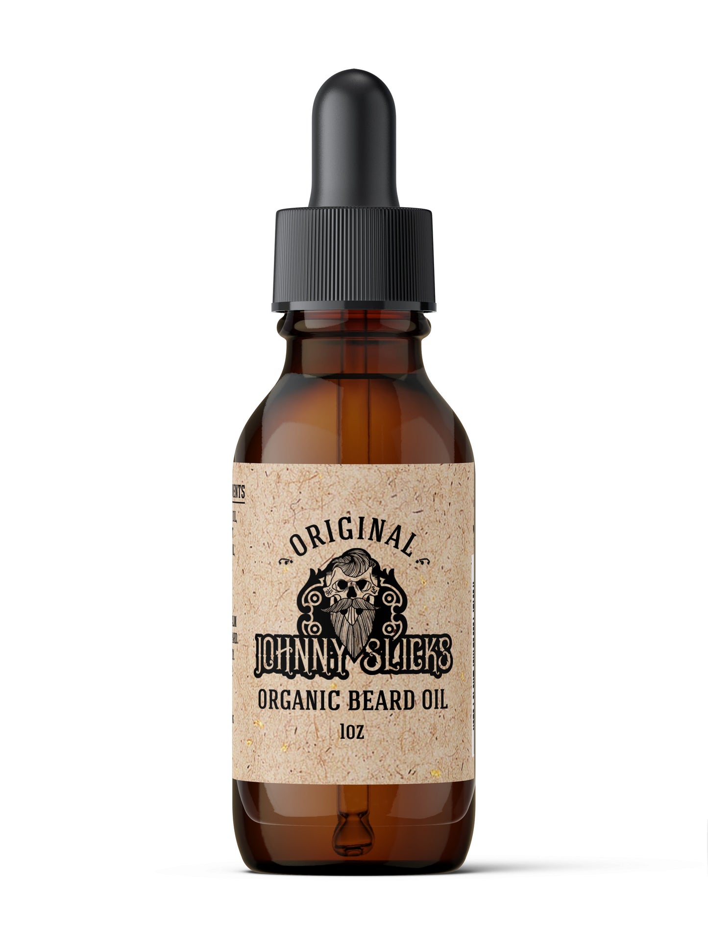 Organic beard oil bottle with black dropper, amber glass; label 'Original' 1 oz.