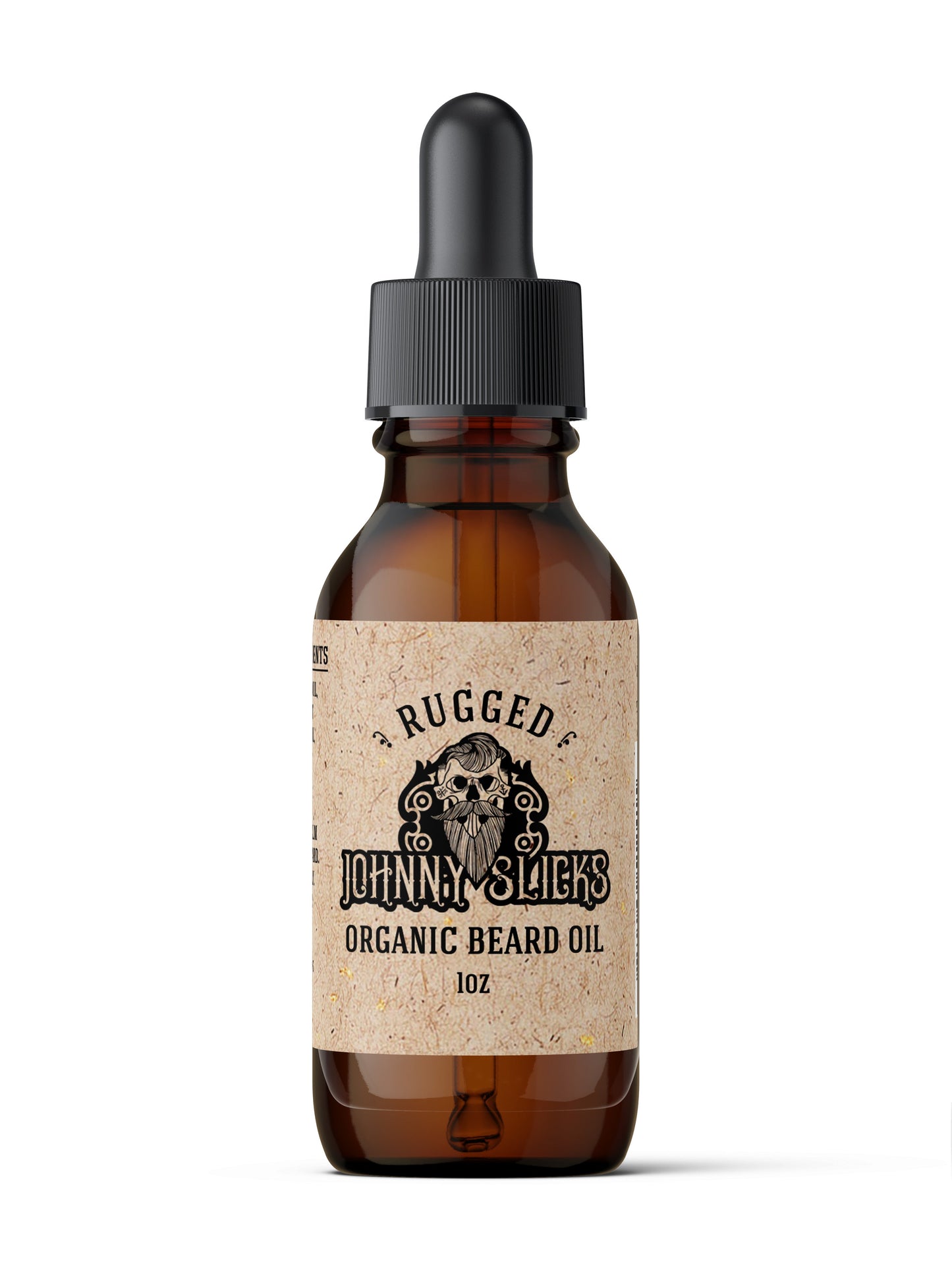 Organic beard oil bottle with black dropper, amber glass; label 'Rugged' 1 oz.