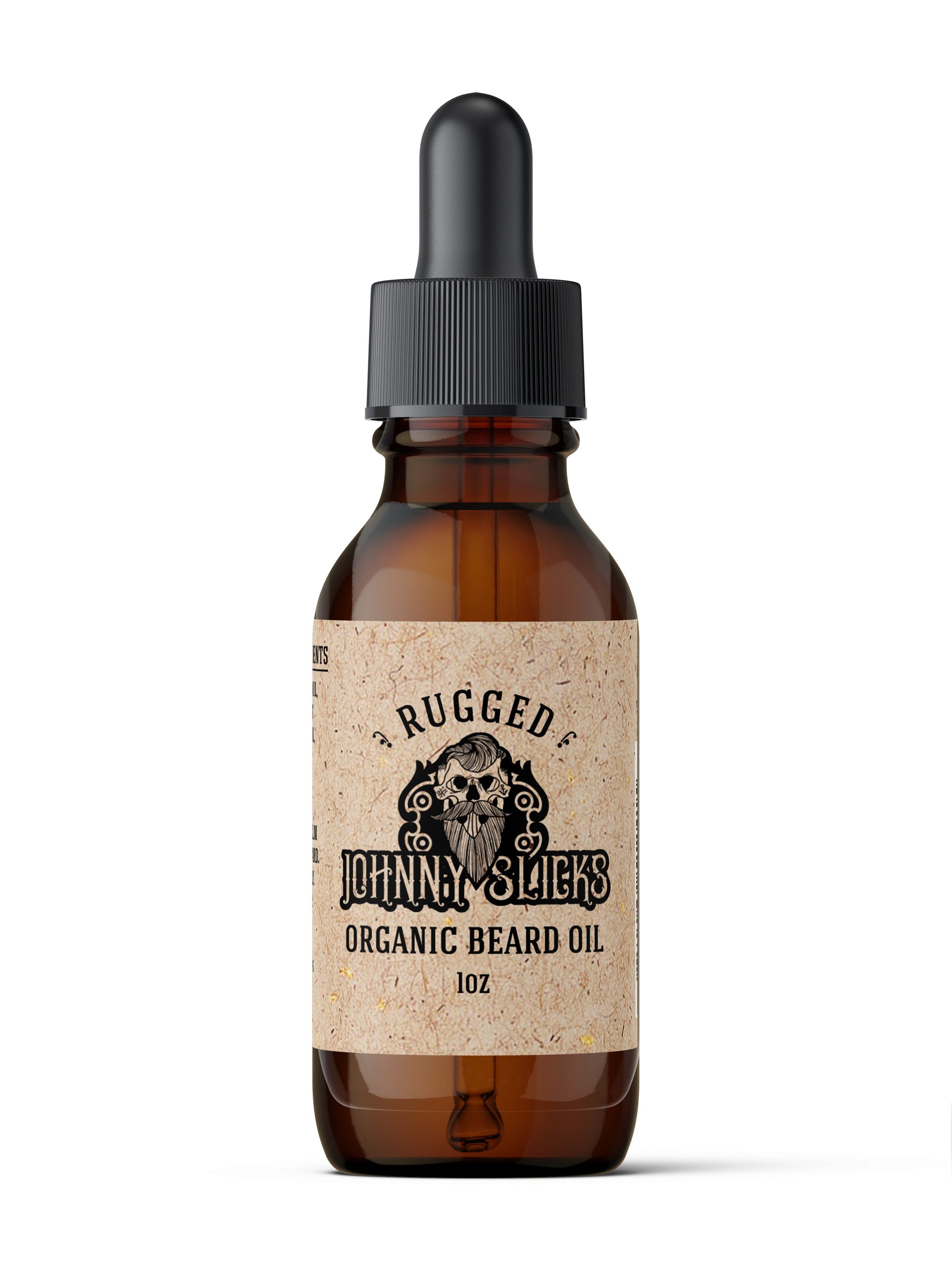 Organic beard oil bottle with black dropper, amber glass; label 'Rugged' 1 oz.