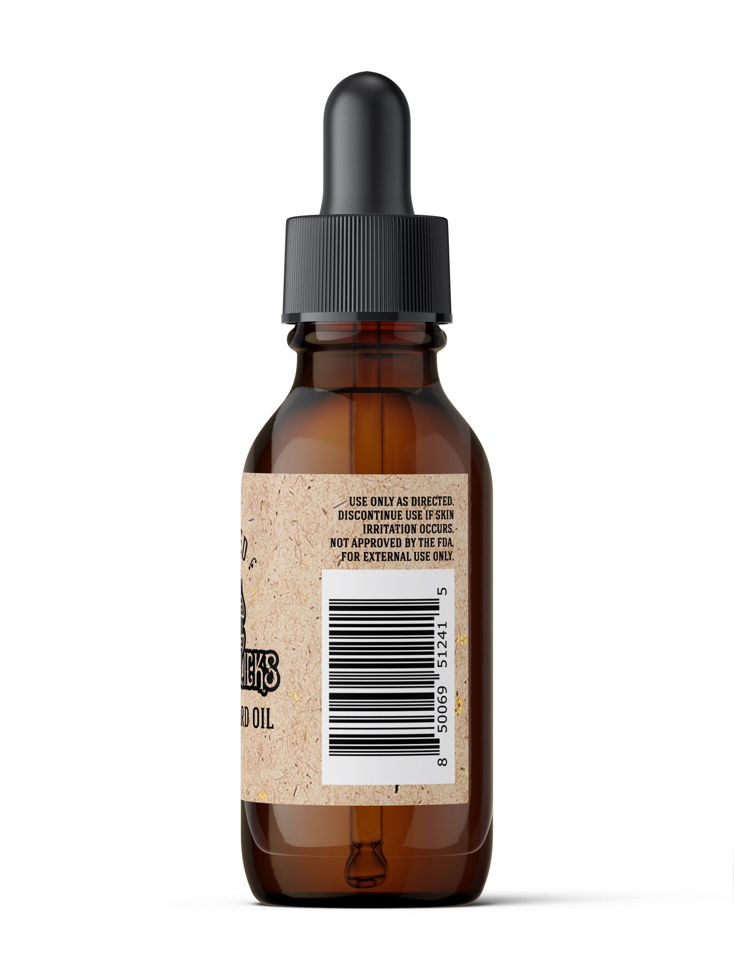 Organic beard oil bottle back label with barcode, amber glass and black dropper.