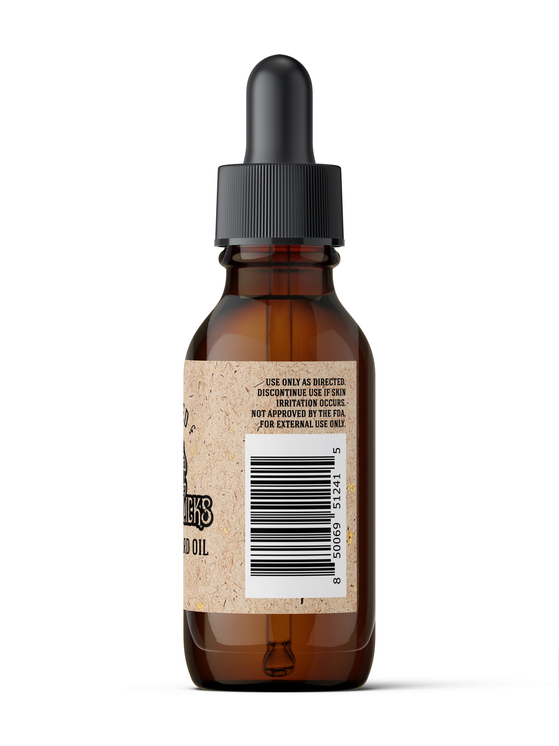 Organic beard oil bottle back label with barcode, amber glass and black dropper.