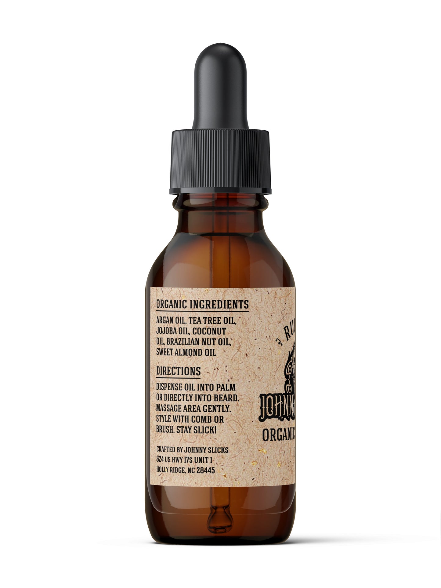 Organic beard oil bottle back label with ingredient and directions text, amber glass.