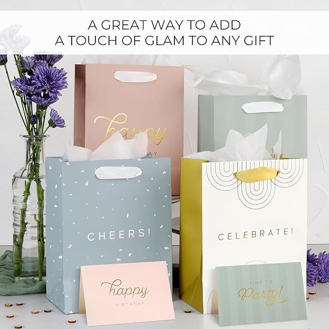 Beautiful Birthday Gift Bags Set of 4 - Medium Sized 9" Gift Bags with Handles incl. Matching Tissue Paper, Cards & Stickers - Reusable & For Presents of Any Weddings, Mothers Day or Other Occasion - Renee Lane Company
