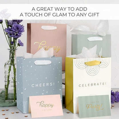 Beautiful Birthday Gift Bags Set of 4 - Medium Sized 9" Gift Bags with Handles incl. Matching Tissue Paper, Cards & Stickers - Reusable & For Presents of Any Weddings, Mothers Day or Other Occasion - Renee Lane Company