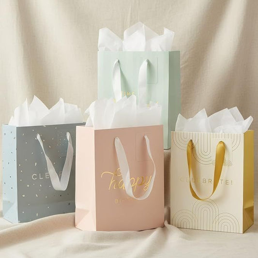 Beautiful Birthday Gift Bags Set of 4 - Medium Sized 9" Gift Bags with Handles incl. Matching Tissue Paper, Cards & Stickers - Reusable & For Presents of Any Weddings, Mothers Day or Other Occasion - Renee Lane Company