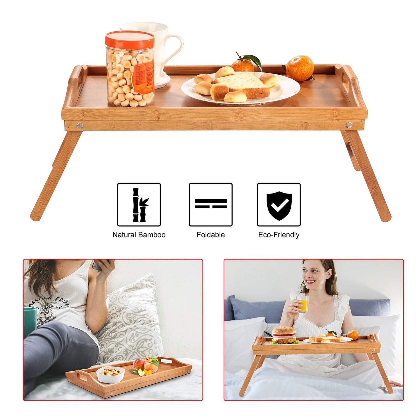 Bed Tray Table Breakfast Tray Bamboo Folding Bed Table Serving Snack Tray Desk with Handles - Renee Lane Company