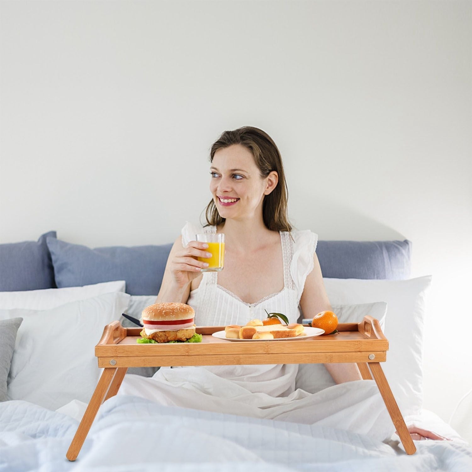 Bed Tray Table Breakfast Tray Bamboo Folding Bed Table Serving Snack Tray Desk with Handles - Renee Lane Company