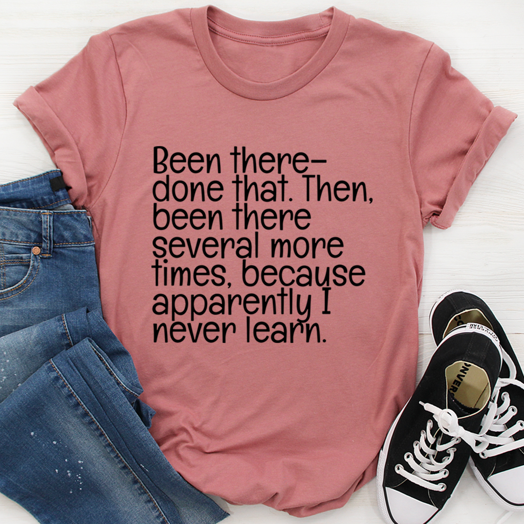 Mauve T-shirt with bold dark quote graphic on front, short-sleeve crewneck