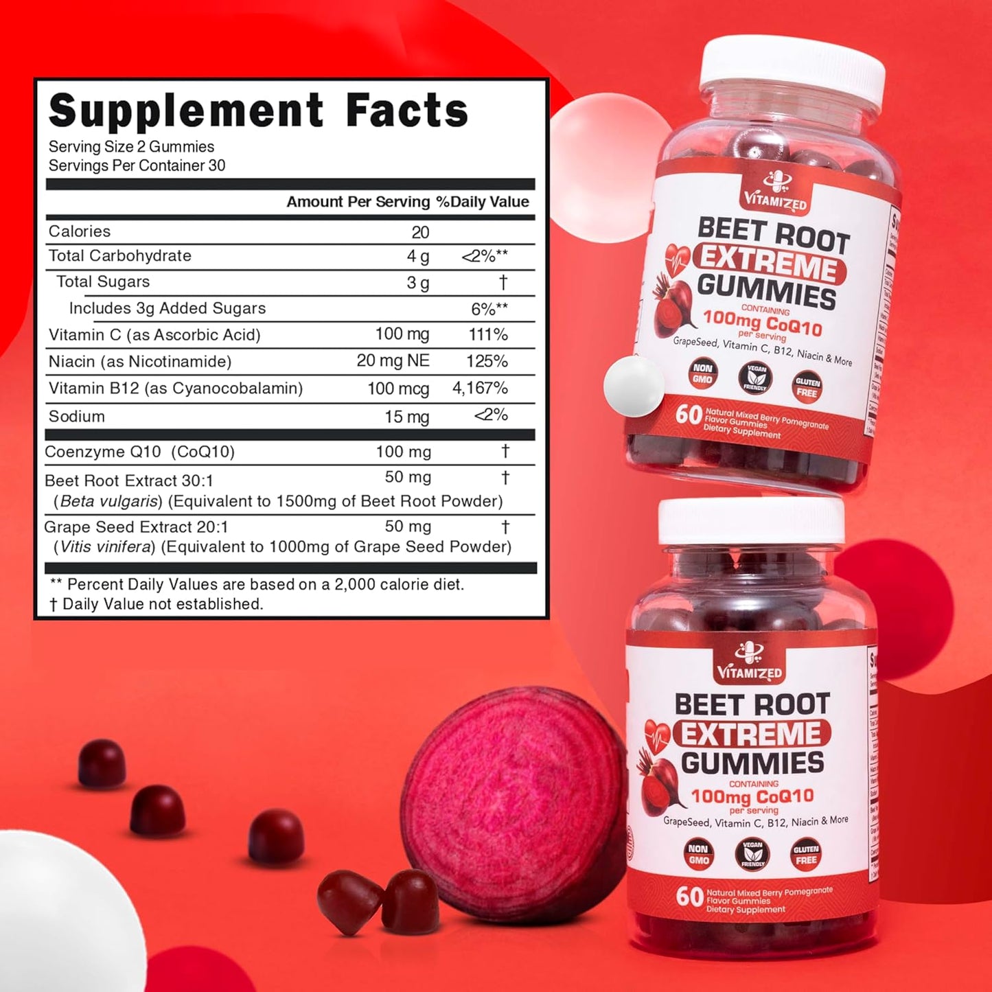 Beet Root Extreme Gummies with CoQ10, 60 Count - Renee Lane Company