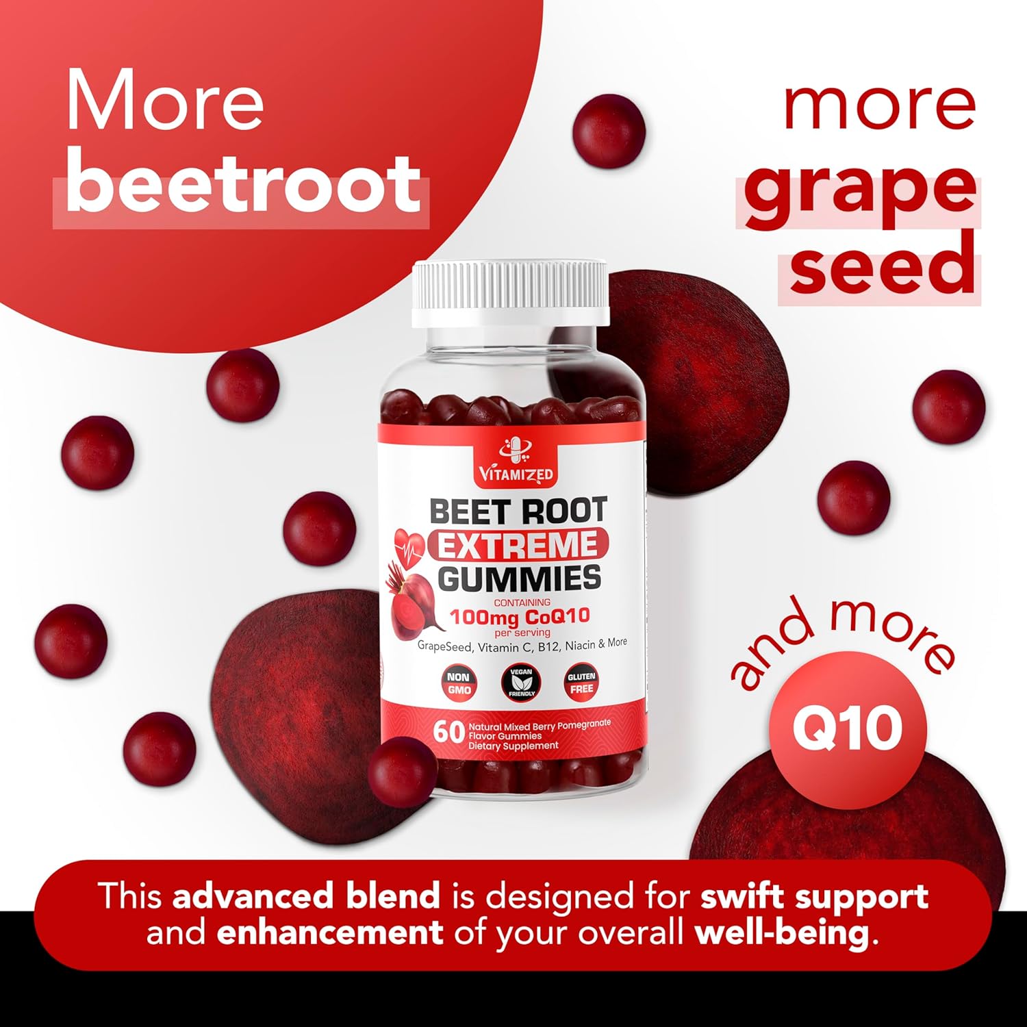 Beet Root Extreme Gummies with CoQ10, 60 Count - Renee Lane Company