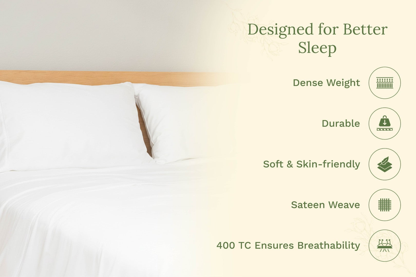 Organic sateen pillowcases, two pure white pillows on bed