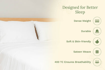 Organic sateen pillowcases, two pure white pillows on bed
