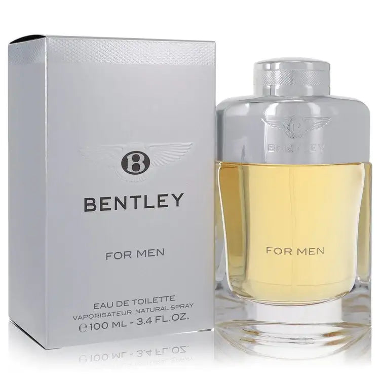 Men's cologne bottle with silver spray cap and amber liquid next to upright white box.