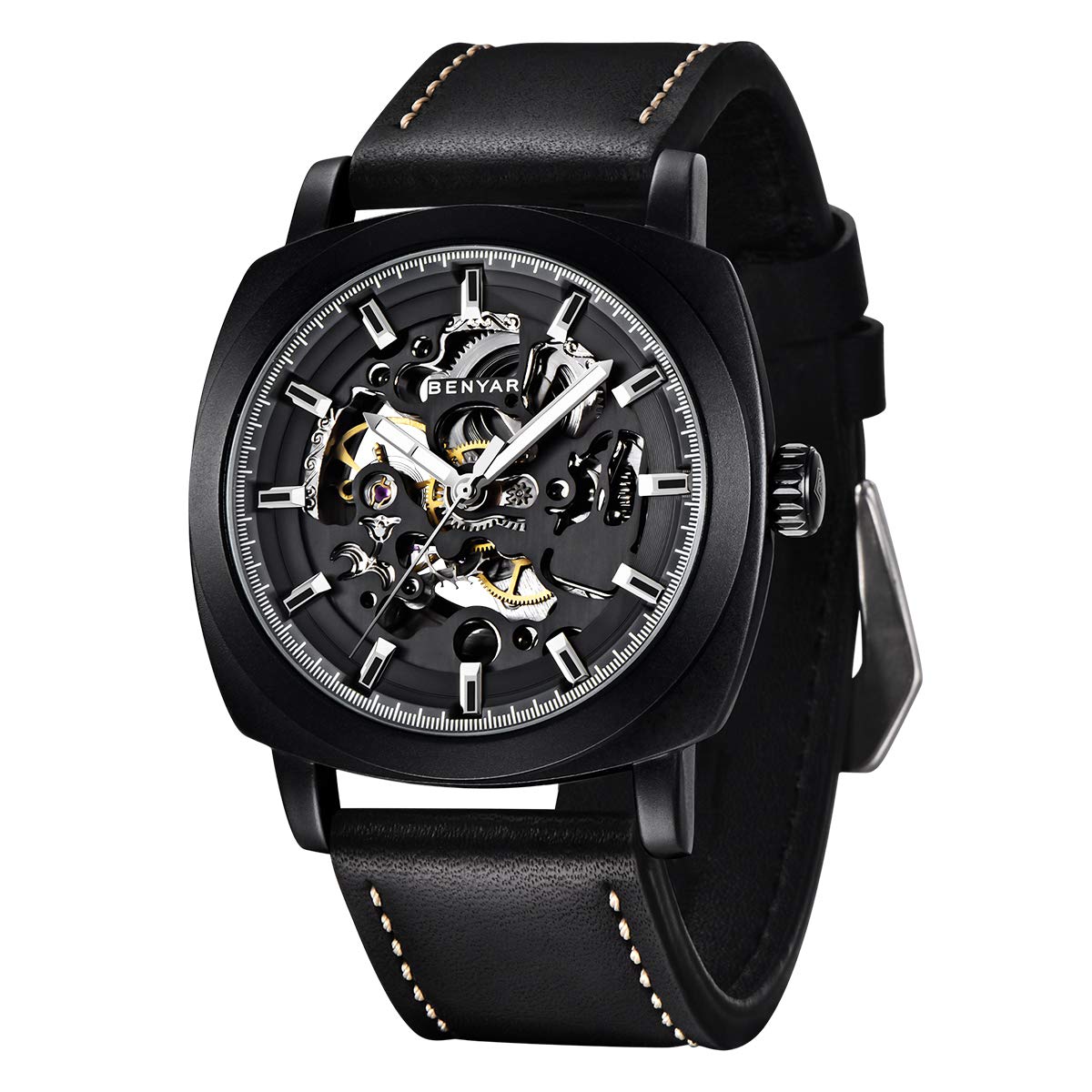 Benyar Automatic Watches for Men | Skeleton Mechanical Leather Strap Mens Watch | 45mm Dial | 30M Waterproof | Mens Stylish Gift - Renee Lane Company