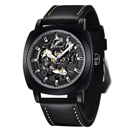 Benyar Automatic Watches for Men | Skeleton Mechanical Leather Strap Mens Watch | 45mm Dial | 30M Waterproof | Mens Stylish Gift - Renee Lane Company