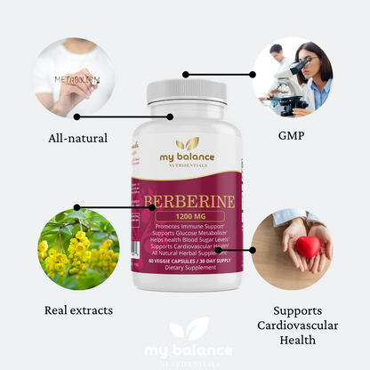 Berberine supplement bottle with icons for real extracts and cardiovascular health support